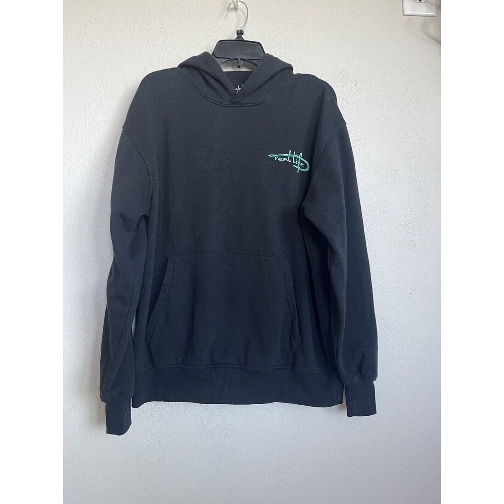 Reel Life Hoodie Sweater Mens Size S Black Long Sleeves Fleece Graphic NWOT
